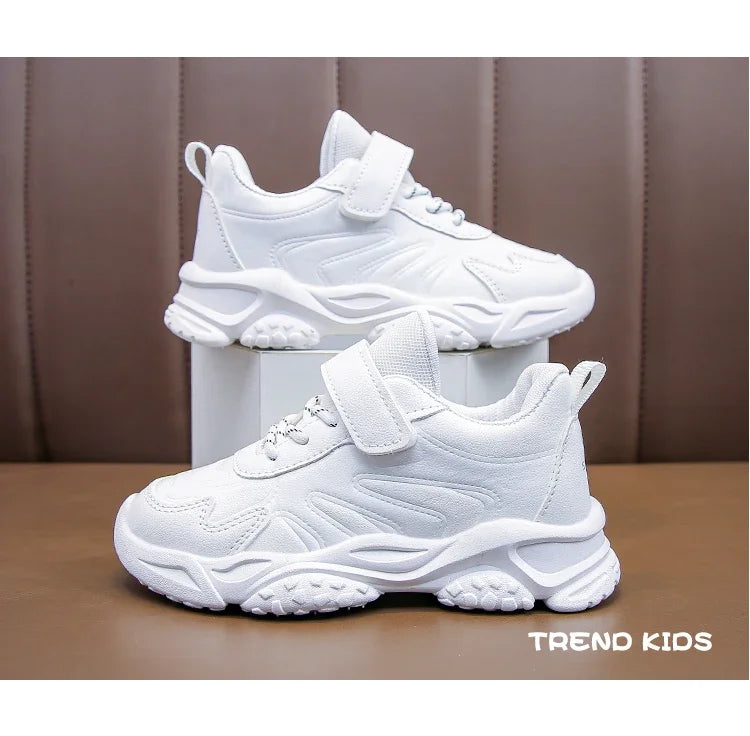 Children White Running Shoes Kids Fashion Sneakers PU Soft Breatheable Comfortable Boys Girls School Sports Shoes Size 26-37.