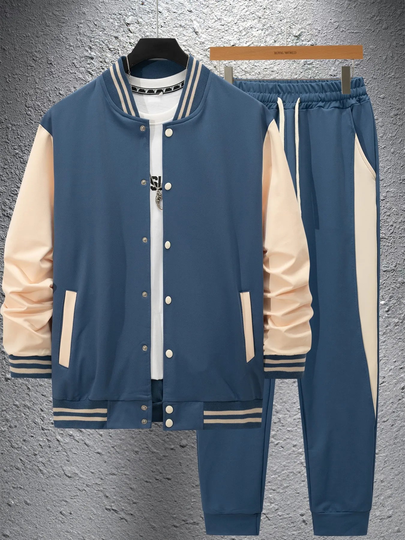 Men's new autumn and winter baseball jacket casual and versatile cardigan coat and color-block sport pants set.