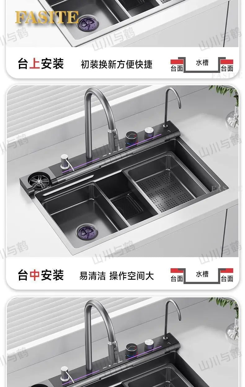 Waterfall kitchen sink nano thickened digital display honeycomb household single slot