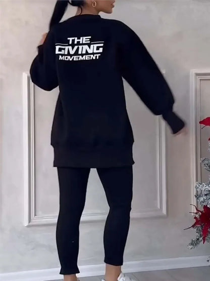 Women's Casual Sweatshirt Sports Set Autumn Winter Fashion Solid Loose Irregular Sweatshirt Top And Slim Trouser Two Piece Sets.