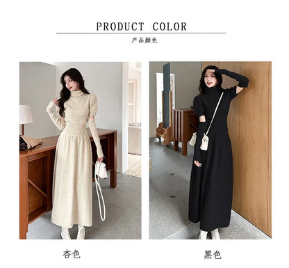 VigoAnne Spring Autumn 2025 Turtleneck Knit Woman 2 Piece Set Casual Solid High Waist Skirts Suits Korean Lady Long Dress Suit.
