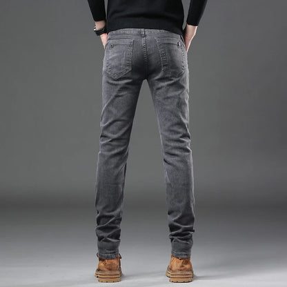 New Pure Gray Korean Slim Jeans Men's Stretch Tight Trendy Jean Trousers Branded Streetwear Comfortable Man Clothing Pants.