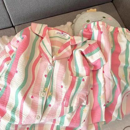 Autumn and Winter Pajamas Women Long Sleeve Pants Cardigan Sweet Print Cartoon Student Plus Size Loungewear Two-Piece Set