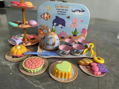 Kids Tea Party Set For Little Girls Mermaid Gift Pretend Toy Tin Tea Set Princess Tea Time Kitchen Pretend Play Tea Set Gift.
