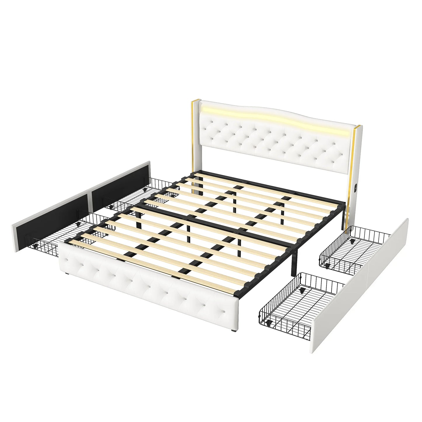 Lazyspace Diamond Embellishment Luxuriöses weißes PU-Polsterbett, Bettrahmen-Kopfteil mit bunten LED-Leuchten und USB-Anschluss