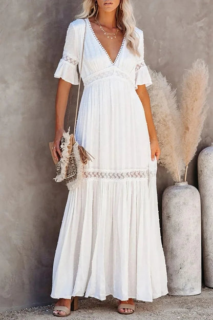 Süßes A-Linien-Abschlussballkleid mit V-Ausschnitt, Spitze, halbe Ärmel, Rüschen, knöchellang, lässiges formelles Abendkleid 2025, kostenlos individuell gestaltet