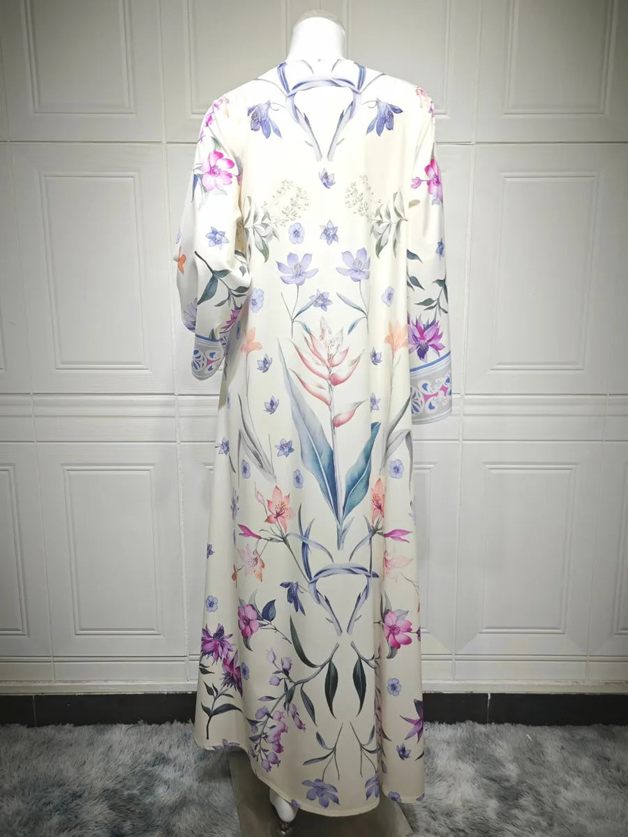 Muslim Women Dubai Abaya Luxury Floral Print Kimono Cardigan Hijab Long Dress Kaftan Ramadan Robe Femme Islam Clothing Kebaya.