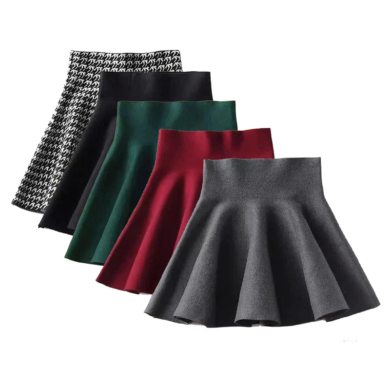 Women High Waist Knitting Pleated Skirks Autumn Winter Casual Lady Elastic Mini Tutu Skirts.