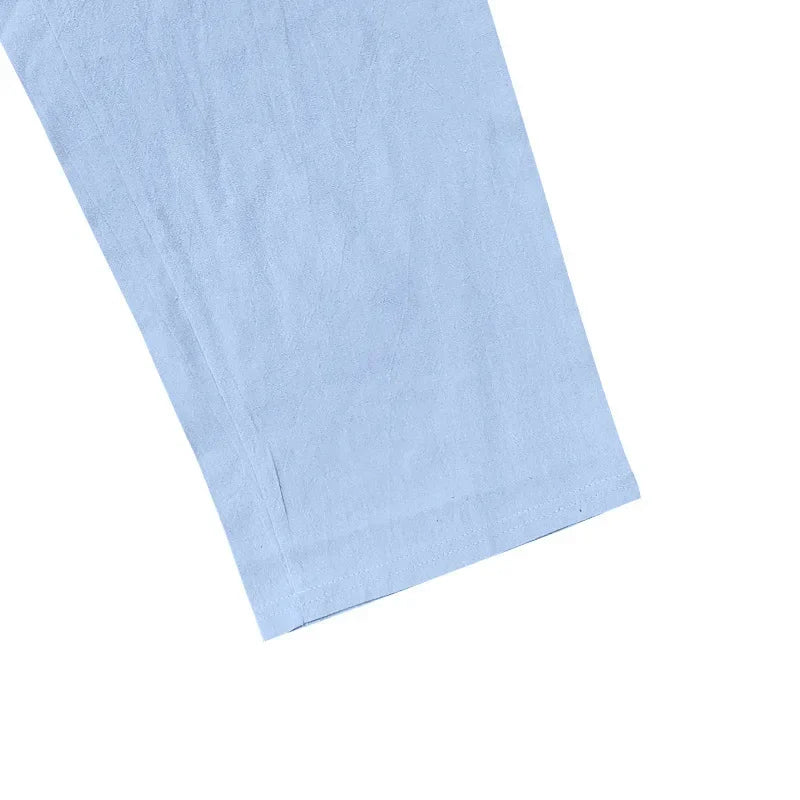 2025 Cross-border American Four Seasons Linen Men's Casual Suit Loose Long Sleeve Pants Shirt Suit Men's