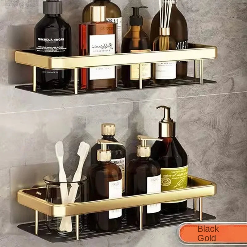 Goldene doppelte Aluminiumregale, keine Stanzlöcher, Badezimmer, Küche, Aufbewahrungsorganisator, langlebig, einfach zu installieren, platzsparend, modernes Design