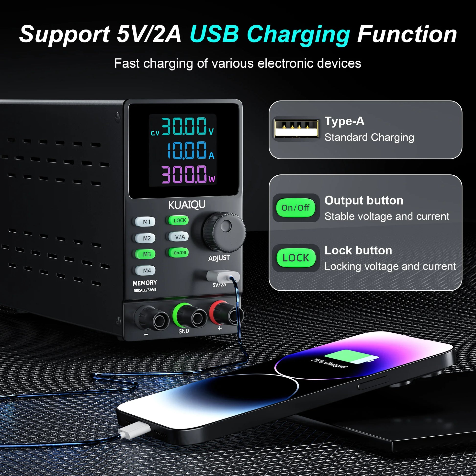 KUAIQU 200V 300V 1A DC Power Supply, 30V Programmable Adjustable Regulated Lab Bench Power Supply with PC Software,Output Switch.