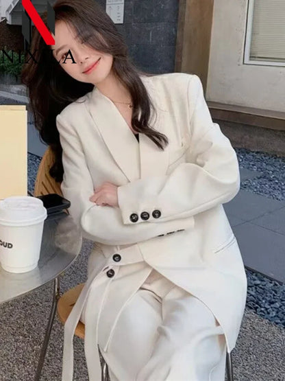 Women's Fashion Office Suit Set Casual Oversized Blazer And Wide Leg Pants Two-Piece Long Sleeve Top Bottoms Combo.