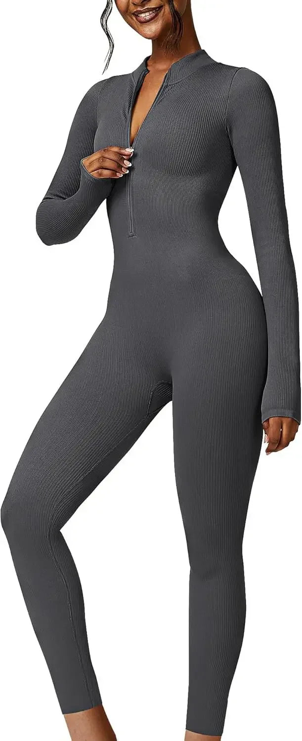 Seamless Long Sleeve Yoga Suit Waist-Fitted Shaping Trousers Casual Sports One-Piece Zippered Fitness Wear.