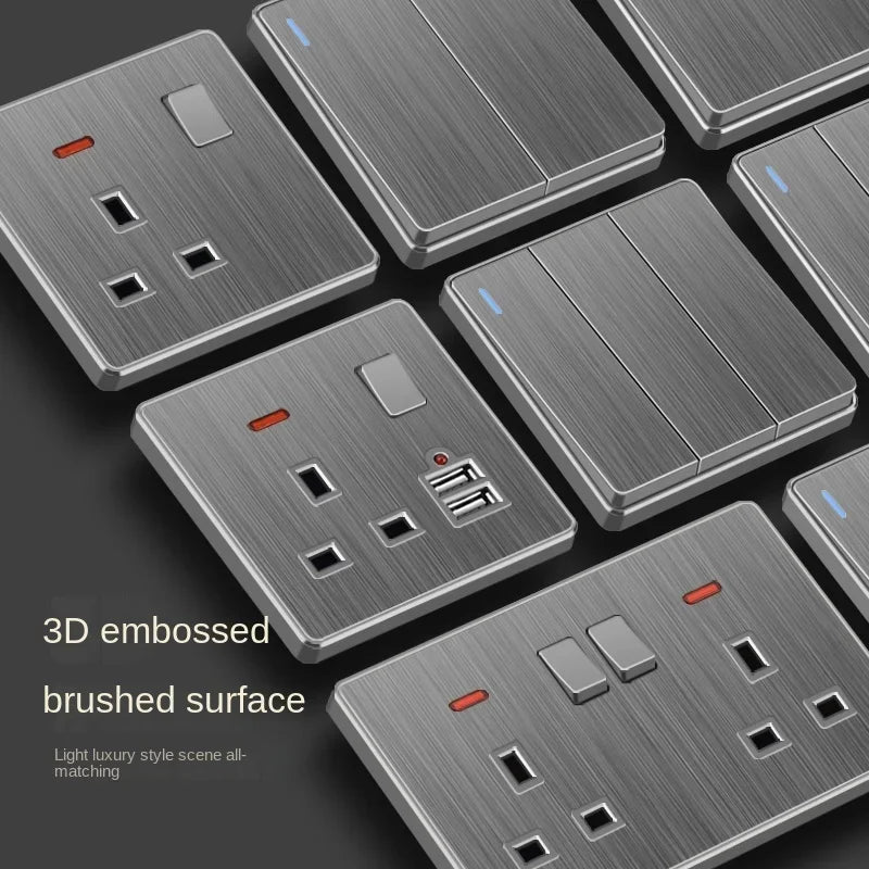 Große Neigungssteckdose im nordischen Stil, grau, 13 A, elektrische Schaltersteckdose nach britischem Standard, universelle Wand-Doppelsteckdose mit USB-Anschluss 2,1 A.