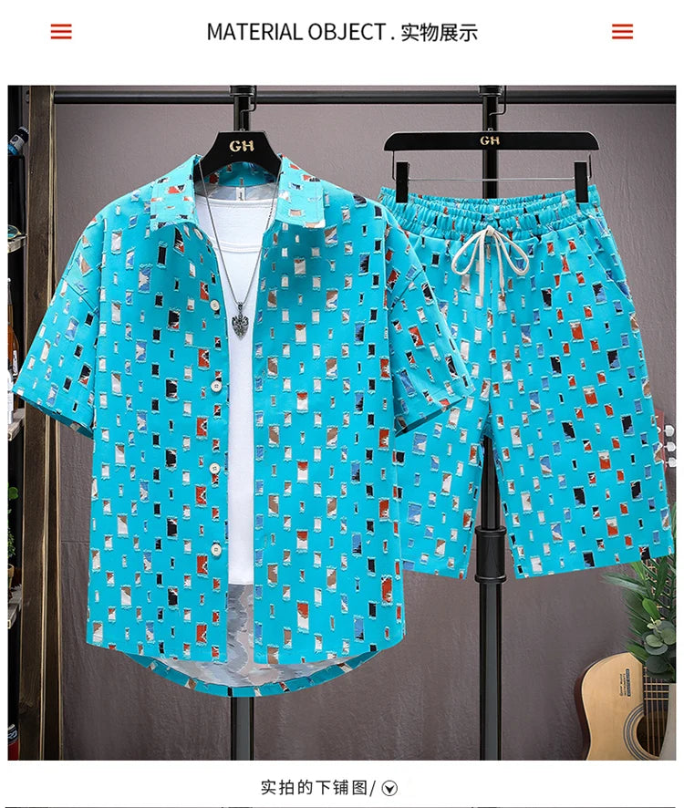 Men Summer 2 Pieces Set Tracksuit Men's Shirt Shorts Harajuku Streetwear Oversized Men Sets Short Outfits Suits.