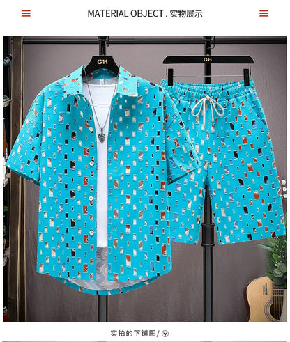 Men Summer 2 Pieces Set Tracksuit Men's Shirt Shorts Harajuku Streetwear Oversized Men Sets Short Outfits Suits.