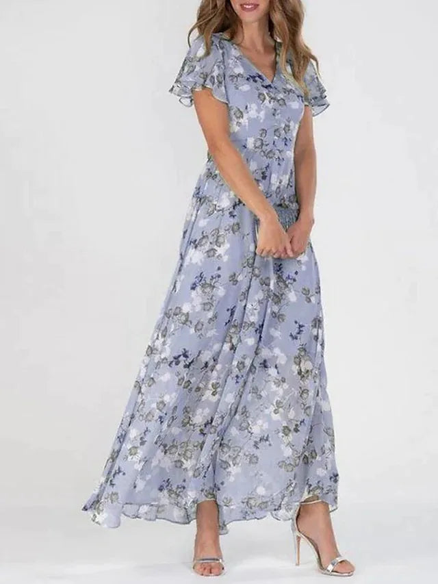 Frauen Elegante Blume Langes Kleid Casual Rüschen Kurzarm V-ausschnitt Spitze-up Party Kleider 2025, Boho Stil Hohe taille Kleid Weibliche.