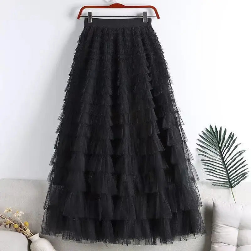 Chamliforve Women Tulle Mesh Skirt Elegant Elastic Waist Fairy Long A-line Tutu Skirt for Spring Summer Long Cake Skirt.