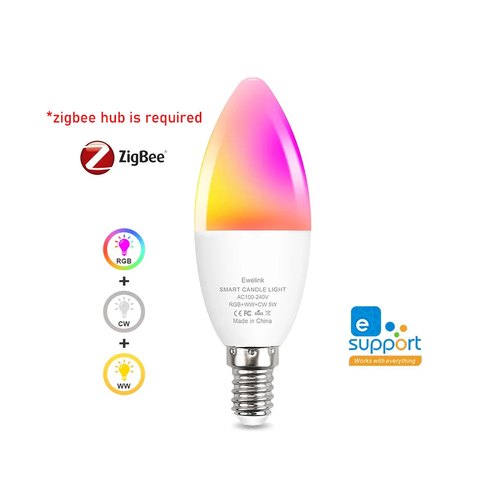 Ewelink E14 Smart Wifi LED-Glühbirne Zigbee RGBCW Kerzenlampe funktioniert mit Alexa Amazon Google Home Yandex Alice Smartthings.