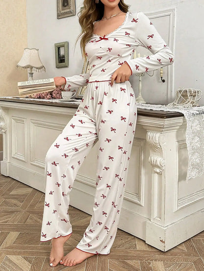 Winter Autumn Pajama Set for Women Sleepwear Lace Trim Bows Print Long Sleeve Top & Full-Length Pants Nightwear Loungewear.