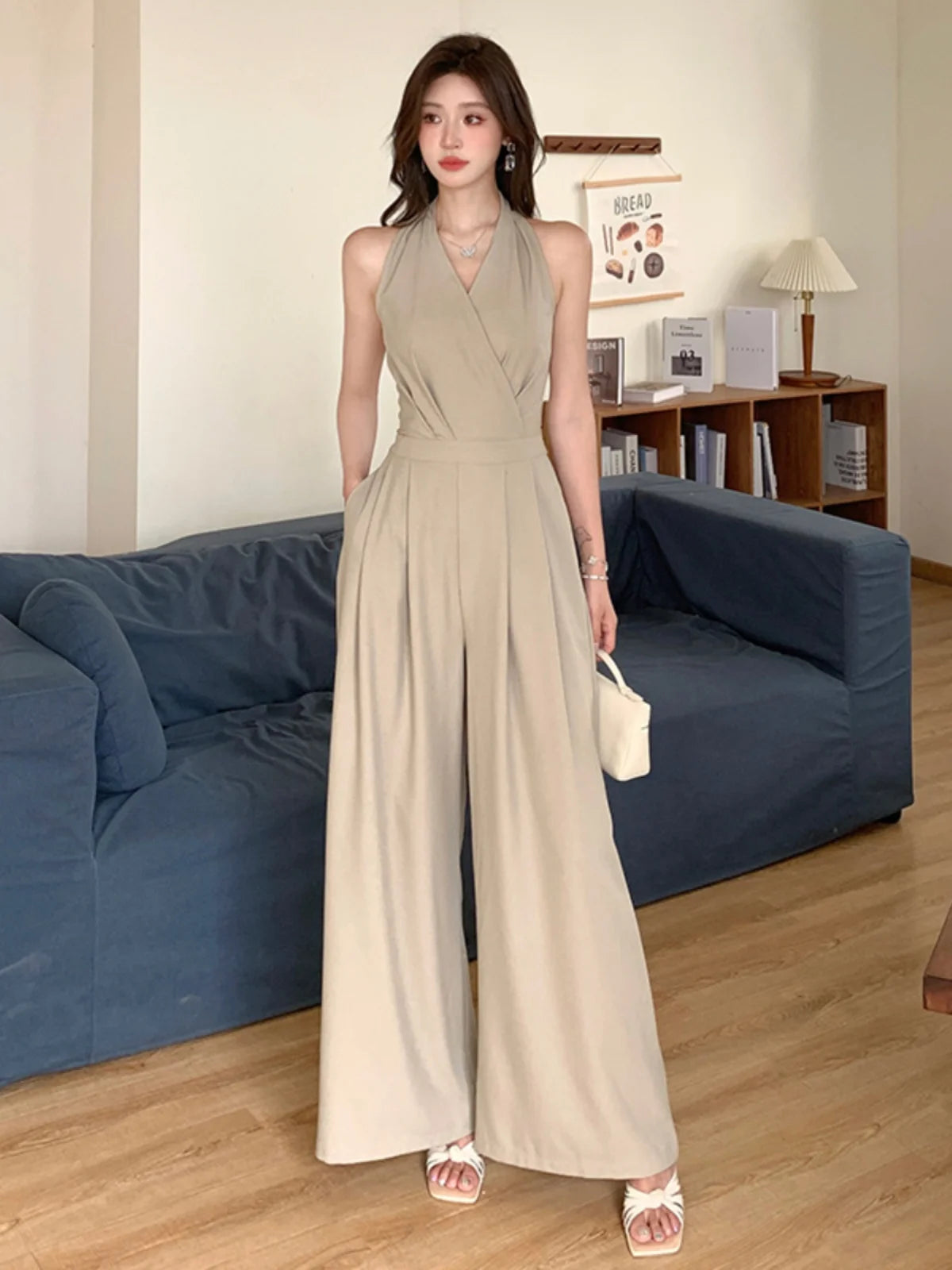 2025 Women Summer Clothes Sexy Halter Backless Folds Jumpsuits Female Wide Leg Loose Rompers Ladies Solid Long Jumpsuit C260.
