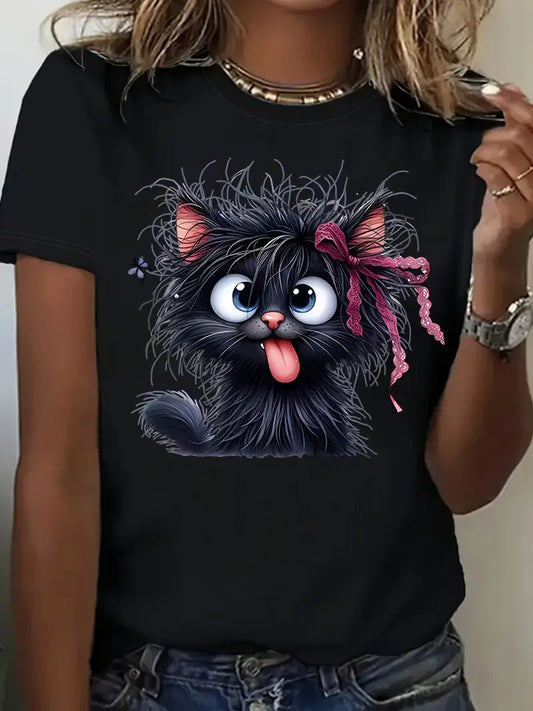 Lustiges Fried Cat Cartoon-T-Shirt für Damen mit verspielter Schleife, Schmetterlingsdruck, lässiges Kurzarm-T-Shirt für Damen, Kleidung, Top-T-Shirt