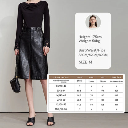 AMII Minimalist PU Leather Skirt For Women 2025 American Retro Knee-Length Skirt Solid Basics Business Women's Clothing 12553014