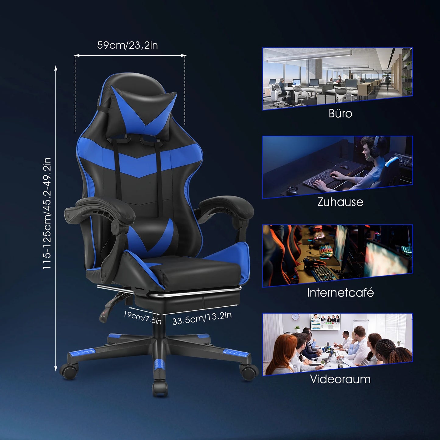 Bürostuhl Ergonomisch Gaming Stuhl Massage Gaming Sessel mit Kopfstütze Massage-Lendenkissen, Gepolstert Gaming Chair, Drehsessel,150kg Kapazität,Schwarz  Blau