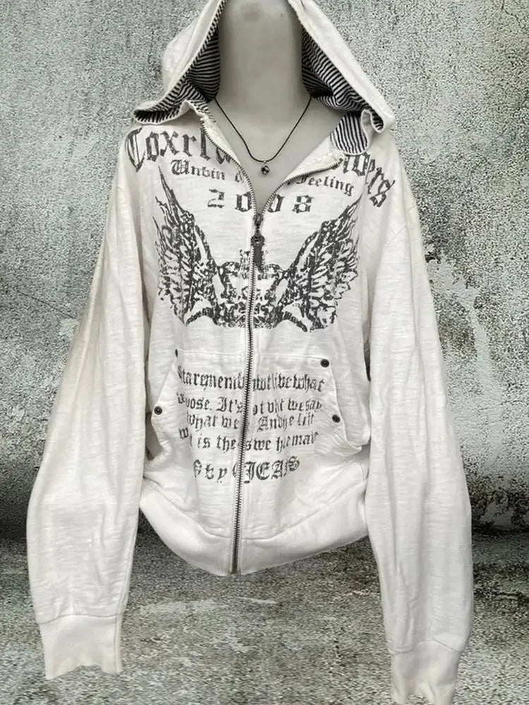 Vintage Sweatshirts 2025 Women's Clothes White Print Tunic Hooded Y2k Coat Streetwear Fashion Casual Hoodies Tops Ropa Mujer.