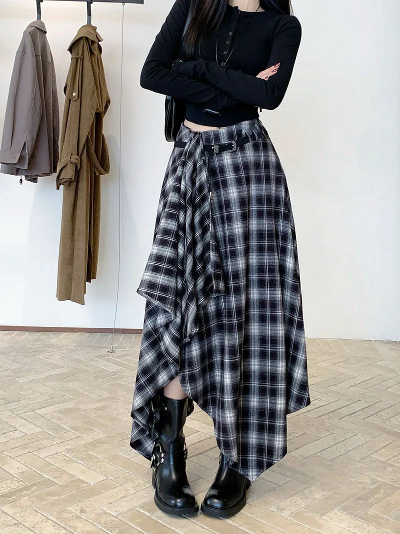 Qiukichonson Long Skirts Women Woolen Skirt 2025 Goth Autumn Winter High Waist Ruffles Asymmetrical Plaid Skirt Maxi With Belt.