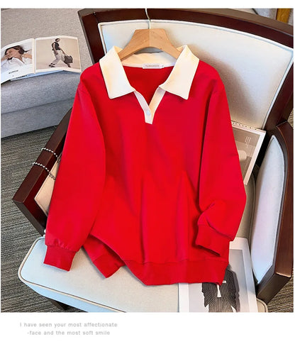 170kg plus size Damen büste Herbst lose Revers Langarm Sweatshirt schwarz rot 6xl 7xl 8xl 9xl 10xl 11xl