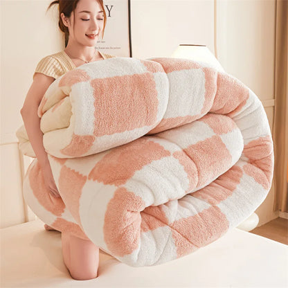 Super Thick Warm Winter Checkerboard Duvet Blankets Soft Artificial Lamb Cashmere Weighted Fluffy Warmth Duvet Comforter Quilt.