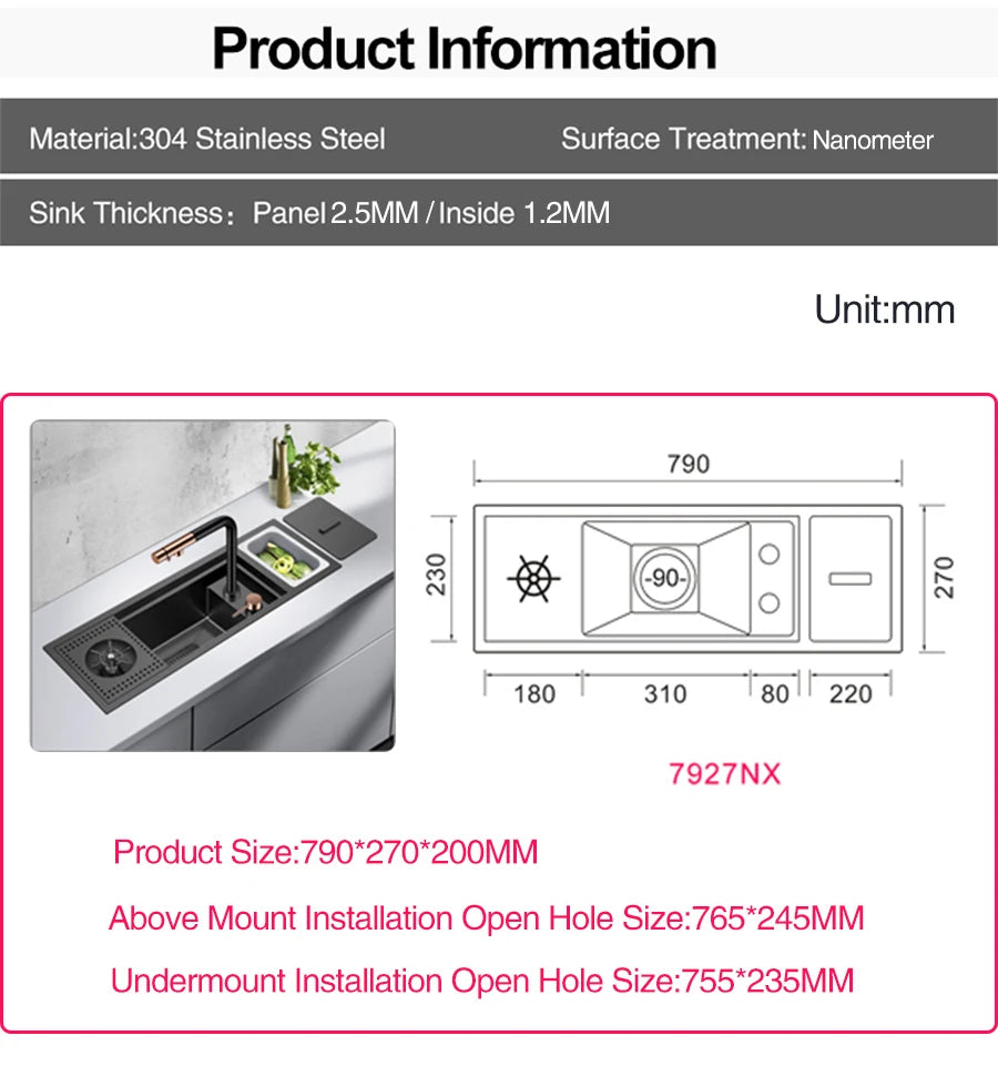 Nanometer Black Hidden Cup Rinser Bar kitchen Sink SUS 304 Stainless Steel Handmade Cup Washer Bar kitchen Sinks With Trash Can