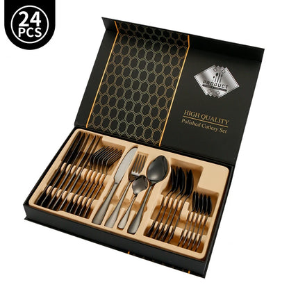 24pcs Golden Tableware Set Light Luxury Stainless Steel Cutlery Fork Knife Spoon Dinnerware Set Minimalist Decor with Gift Box