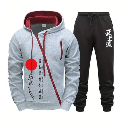 2025 New Arrival Men's Bushido Print Hoodie Sweatpants High Quality Male Outdoor Casual Sport Jogging Suit Motorcycle Zip Outfit.