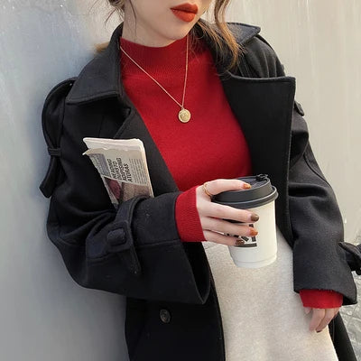 Herbst Winter Frauen Mock neck Pullover Pullover Tops Strickwaren Mode Weibliche Lange Hülse Dünne Elastische Beiläufige Gestrickte Shirts