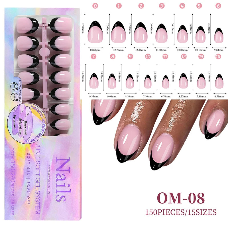 150Pcs/Box Acrylic Press on Nails Full Cover Fake False Tips Soft Gel Extension T-shaped Oval Capsule Almond Sculpted Salon DIY