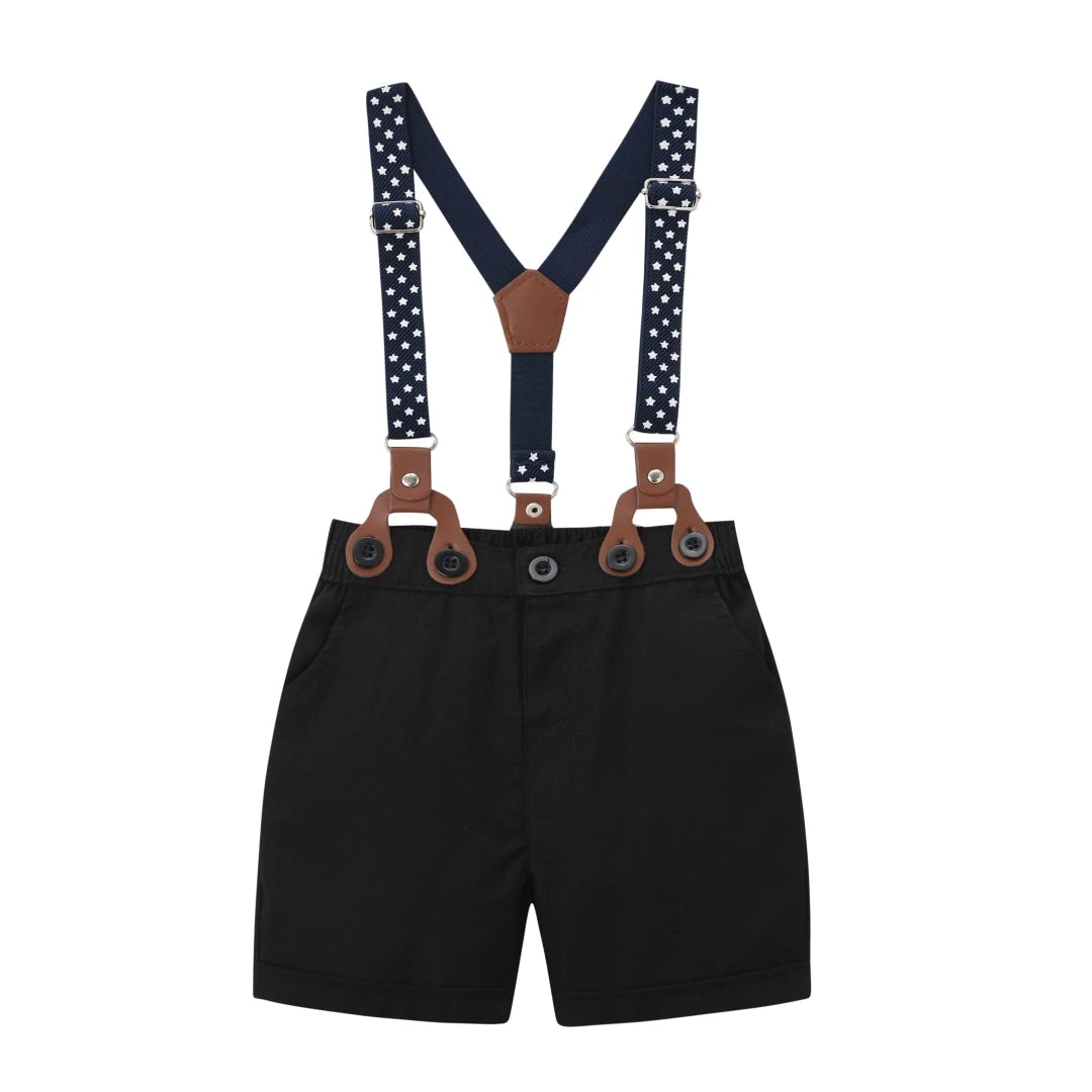 Black & White Classic Baby Boy Clothes Strap Set for Infant 1st Birthday Party Summer Short Sleeve Romper with Solid Shorts Suit.