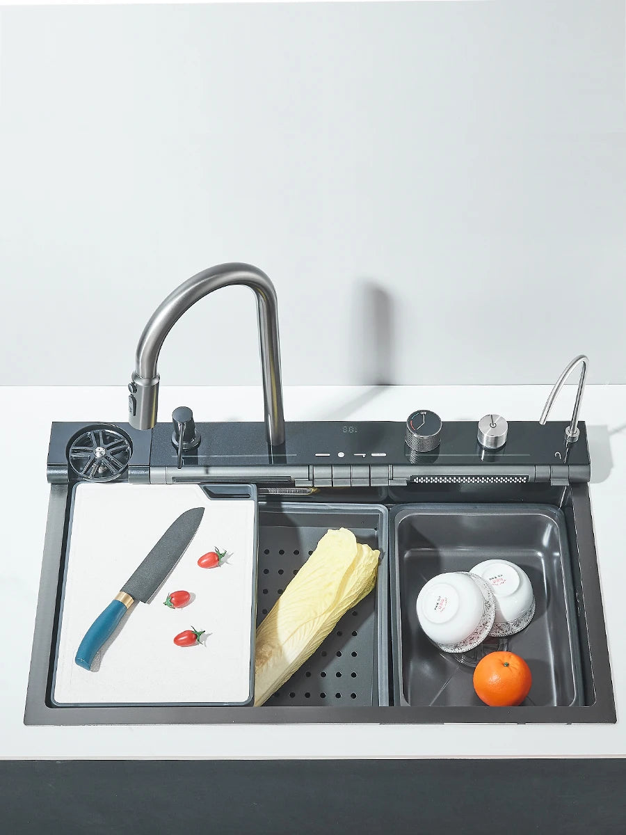 Küchenspüle aus Edelstahl 304, doppelter Wasserfall, Einzelschlitz, integrierte Digitalanzeige, Wasserhahn-Set, Seifenspender, Tassenwascher