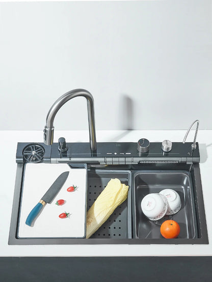 Küchenspüle aus Edelstahl 304, doppelter Wasserfall, Einzelschlitz, integrierte Digitalanzeige, Wasserhahn-Set, Seifenspender, Tassenwascher