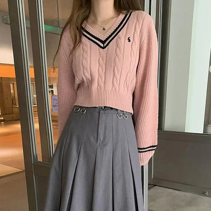 Koreanische Mode Pullover Frauen Herbst V-ausschnitt Y2K Cartoon Stickerei Gestrickte Tops Winter Weiche Grundlegende Langarm Pullover.