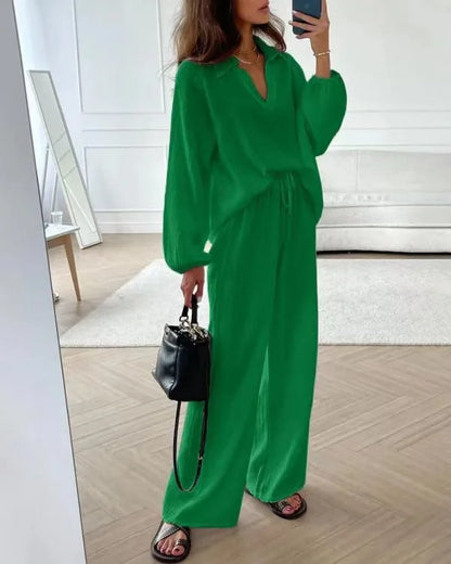 Women's Suit Solid Color Casual Loose 2025 Elegant Spring And Summer Fashion New Long-sleeved Lapel Top + Drawstring Pants Suit.