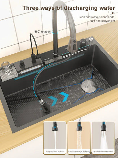 Various Waterfall kitchen Sink  Stainless Steel Multifunctional Large Single Slot Digital Display Sinks