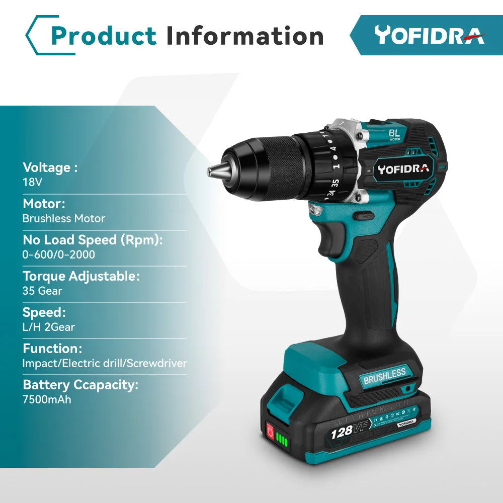YOFIDRA 13 MM Bürstenlosen Elektrischen Schlagbohrmaschine 35 + 3 Drehmoment Cordless Holzbearbeitung Schraubendreher Power Tool Für Makita Batterie pin