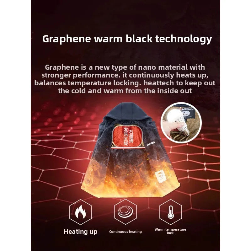 CHUJIE Men's autumn and winter fleece fashion graphenewarm hooded jacket outdoor hiking sports with thick fleece cardigan jacket.