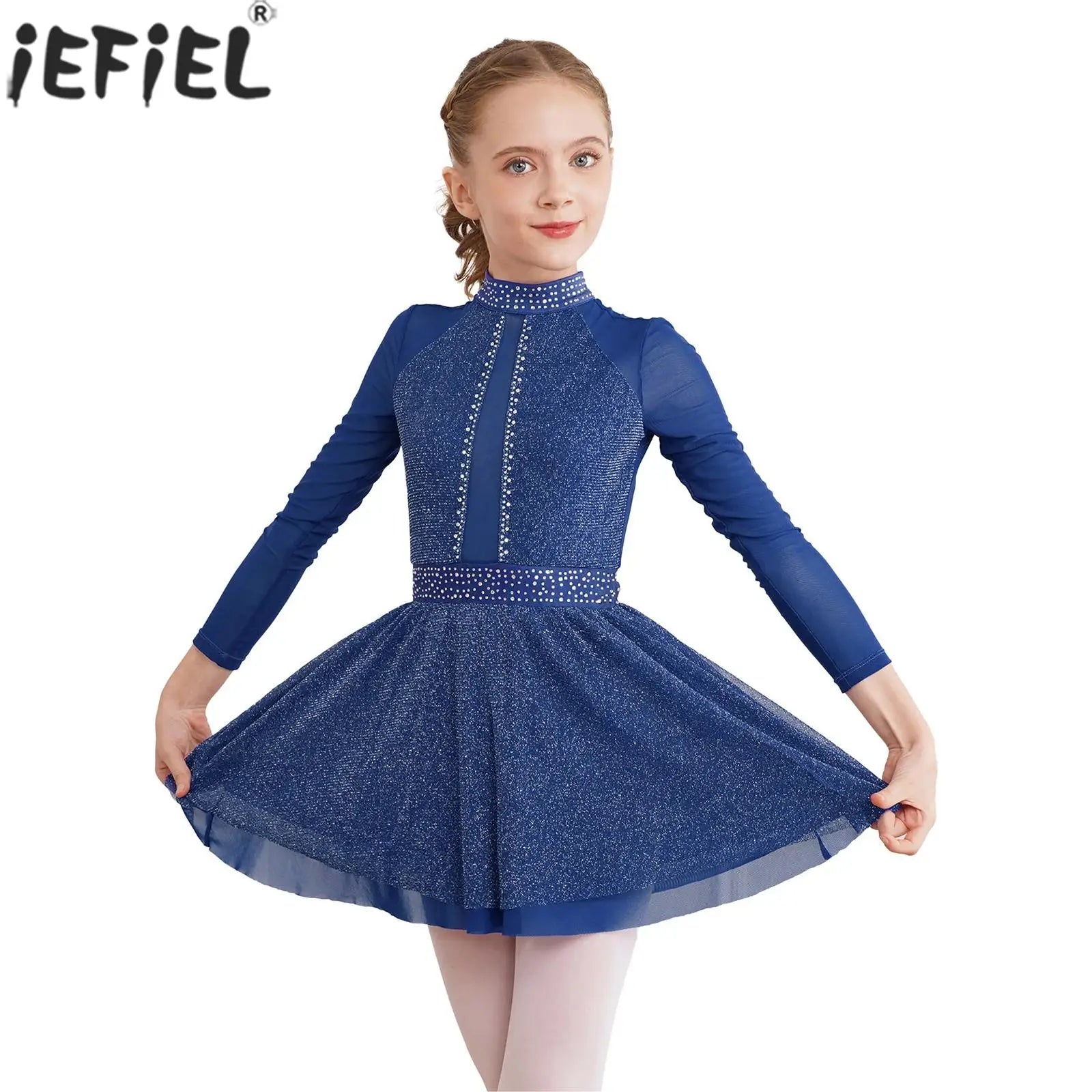 Kinder Mädchen Eiskunstlauf Kostüm Ballett lyrische Tanz gymnastik Trikot Kleid Langarm glänzend Mesh Performance Dance wear.