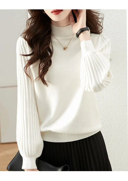 Women Half High Collar Base Sweater Autumn And Winter Casual Solid Knitted Tops Pit Stripe Long Sleeved Pullover Sweaters.