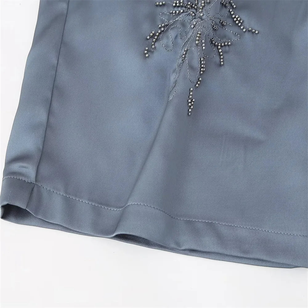 Summer New Product Women's Style Flip Collar with Beaded Embroidered Shirt, High Waist Straight Leg Pants Set.