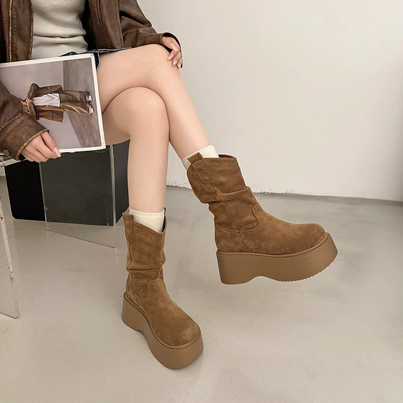 Chunky Platform Thick Sole Woman Ankle Boots Design Round Toe Slip On Shoes  2025 Autumn Winter Short Botas Para Mujer.