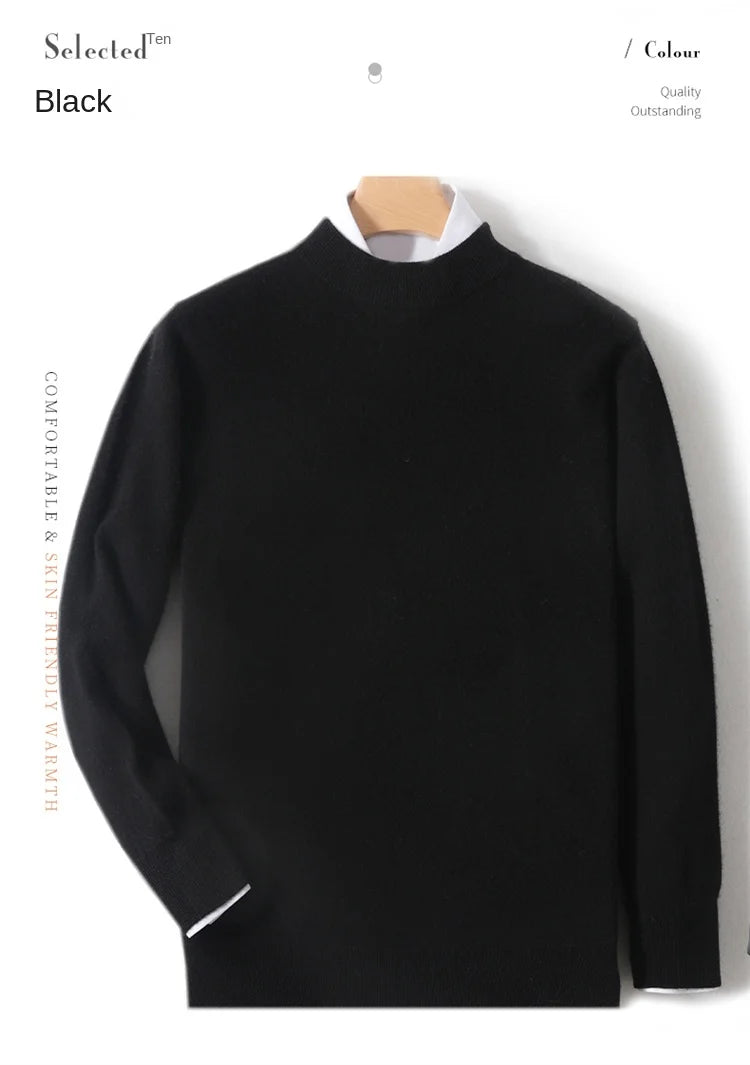 100% Pure Merino Wool Men's Semi High Neck Pullover Solid Color Plus Size Casual Sweater Autumn And Winter Sports Cashmere Top